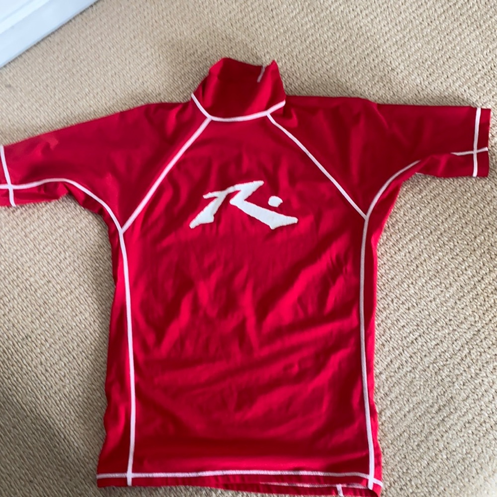 Boys Vintage “Rusty” Rashguard. Red w/White “R”